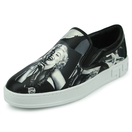 The FI-2346 Marilyn Monroe Print Slip on Low Cut Sneaker Encore by Fiesso features a classic Hollywood style Marilyn Monroe print, black upper, and white sole—an iconic, stylish men's fashion sneaker from the Fiesso brand.