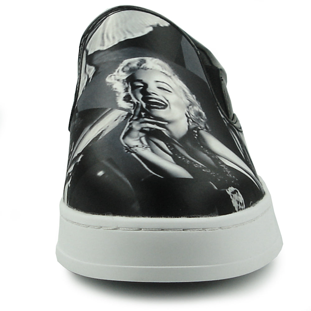 The FI-2346 Marilyn Monroe Print Slip on Low Cut Sneaker Encore by Fiesso features a classic Hollywood style Marilyn Monroe print, black upper, and white sole—an iconic, stylish men's fashion sneaker from the Fiesso brand.