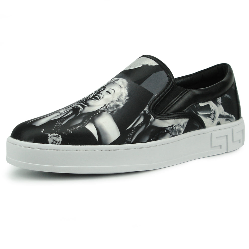 The FI-2346 Marilyn Monroe Print Slip on Low Cut Sneaker Encore by Fiesso features a classic Hollywood style Marilyn Monroe print, black upper, and white sole—an iconic, stylish men's fashion sneaker from the Fiesso brand.