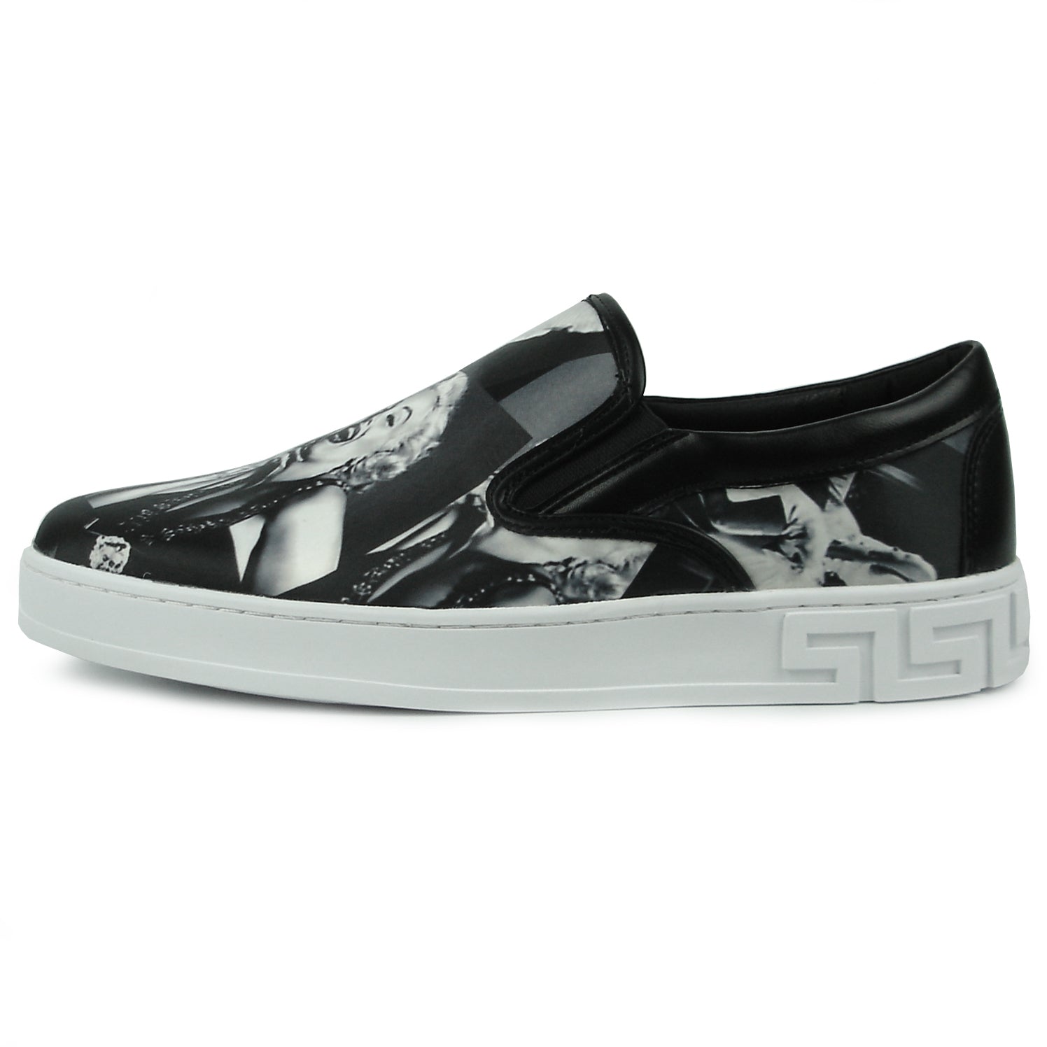 The FI-2346 Marilyn Monroe Print Slip on Low Cut Sneaker Encore by Fiesso features a classic Hollywood style Marilyn Monroe print, black upper, and white sole—an iconic, stylish men's fashion sneaker from the Fiesso brand.