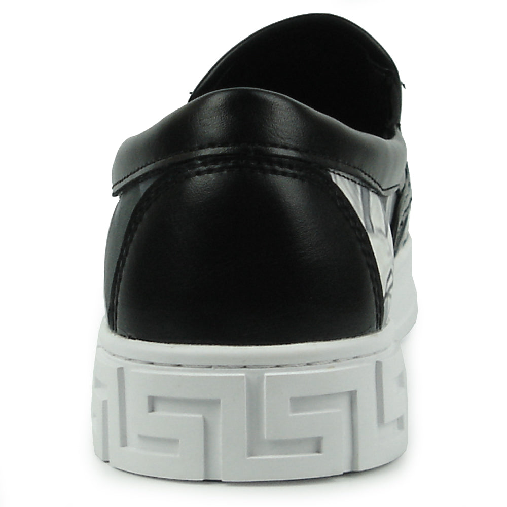 The FI-2346 Marilyn Monroe Print Slip on Low Cut Sneaker Encore by Fiesso features a classic Hollywood style Marilyn Monroe print, black upper, and white sole—an iconic, stylish men's fashion sneaker from the Fiesso brand.