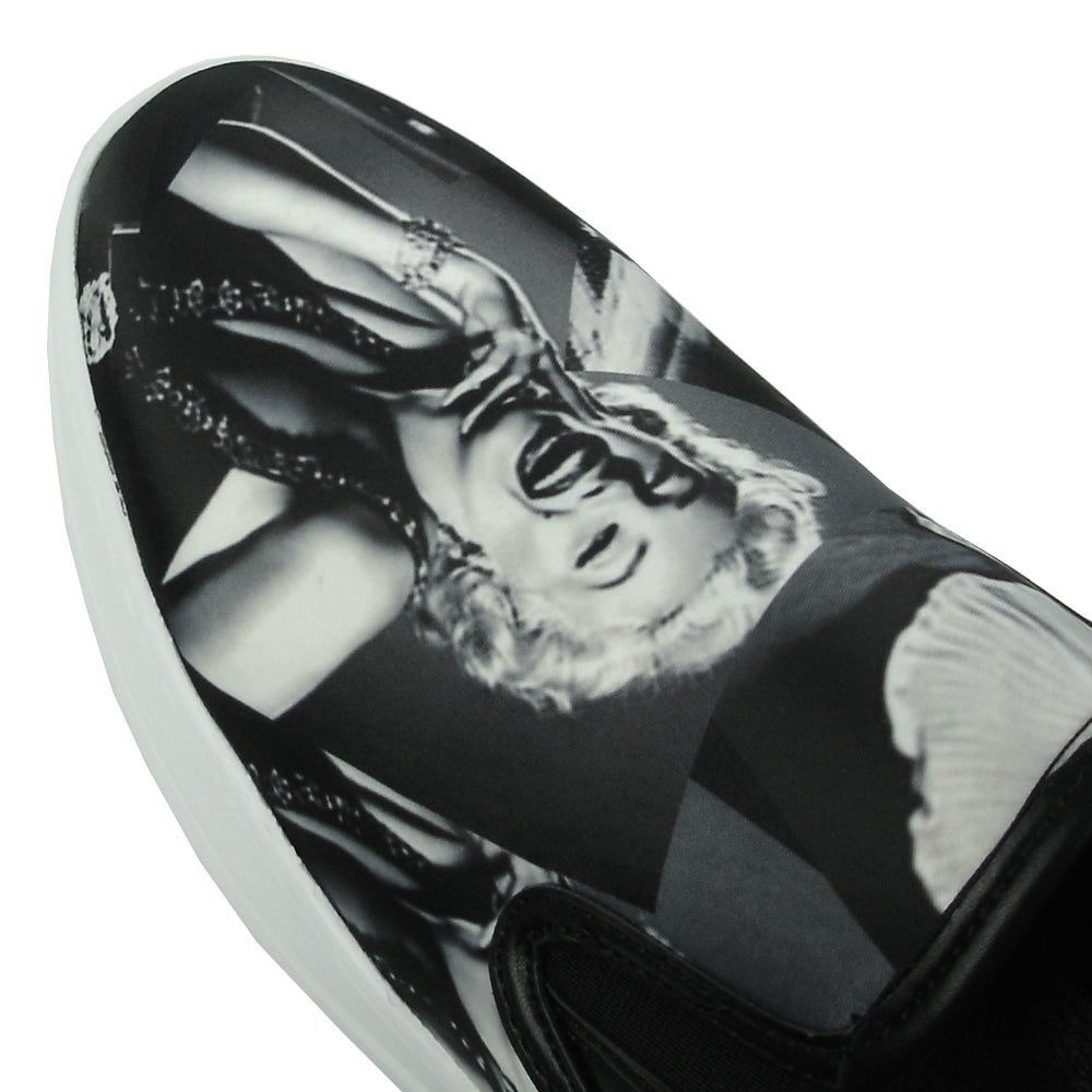 The FI-2346 Marilyn Monroe Print Slip on Low Cut Sneaker Encore by Fiesso features a classic Hollywood style Marilyn Monroe print, black upper, and white sole—an iconic, stylish men's fashion sneaker from the Fiesso brand.