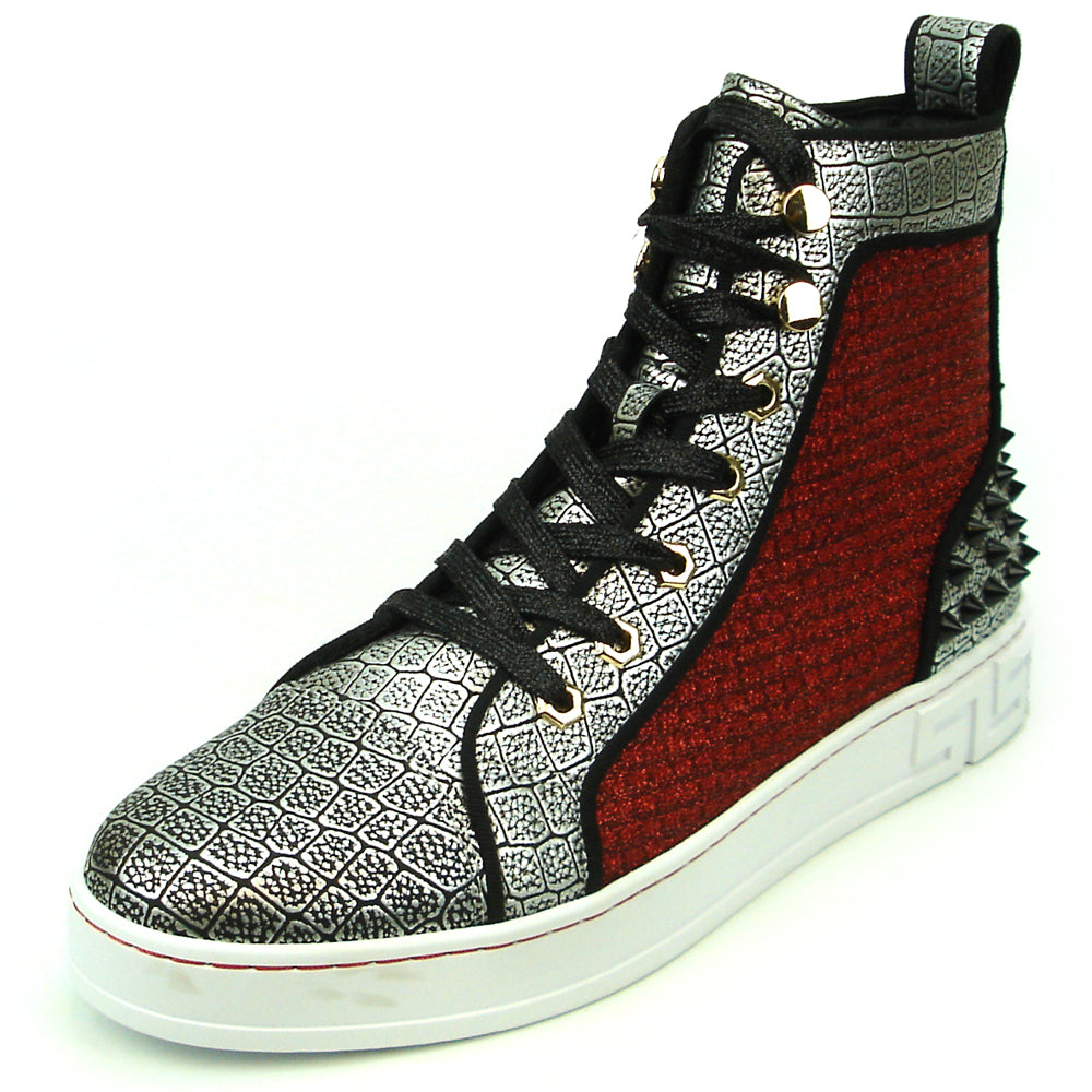 Elevate your style with the Fiesso FI-2362-2 Encore high top sneaker, featuring silver texture, red glitter side panels, black heel spikes, metallic eyelets, and a white sole with geometric accents.