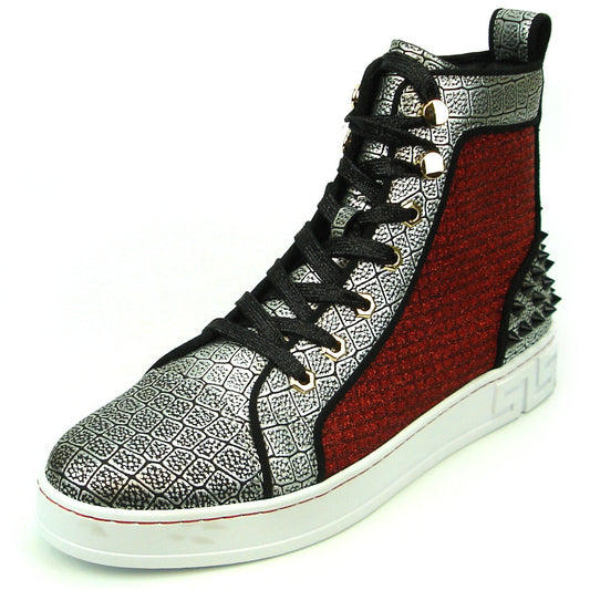 Elevate your style with the Fiesso FI-2362-2 Encore high top sneaker, featuring silver texture, red glitter side panels, black heel spikes, metallic eyelets, and a white sole with geometric accents.