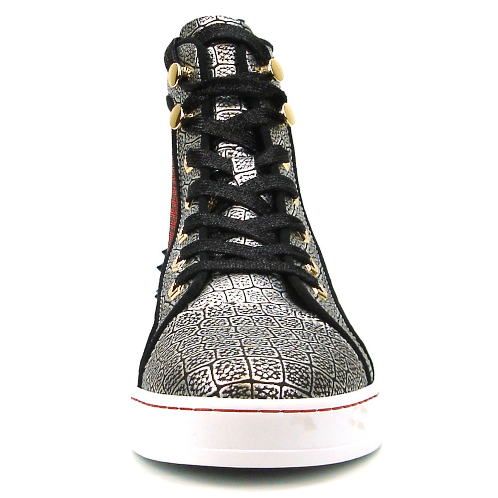 Elevate your style with the Fiesso FI-2362-2 Encore high top sneaker, featuring silver texture, red glitter side panels, black heel spikes, metallic eyelets, and a white sole with geometric accents.