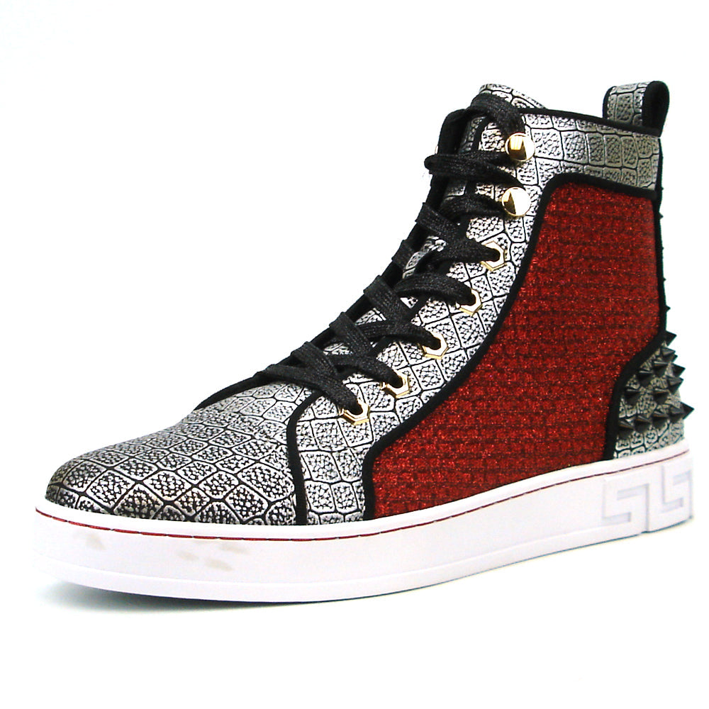 Elevate your style with the Fiesso FI-2362-2 Encore high top sneaker, featuring silver texture, red glitter side panels, black heel spikes, metallic eyelets, and a white sole with geometric accents.
