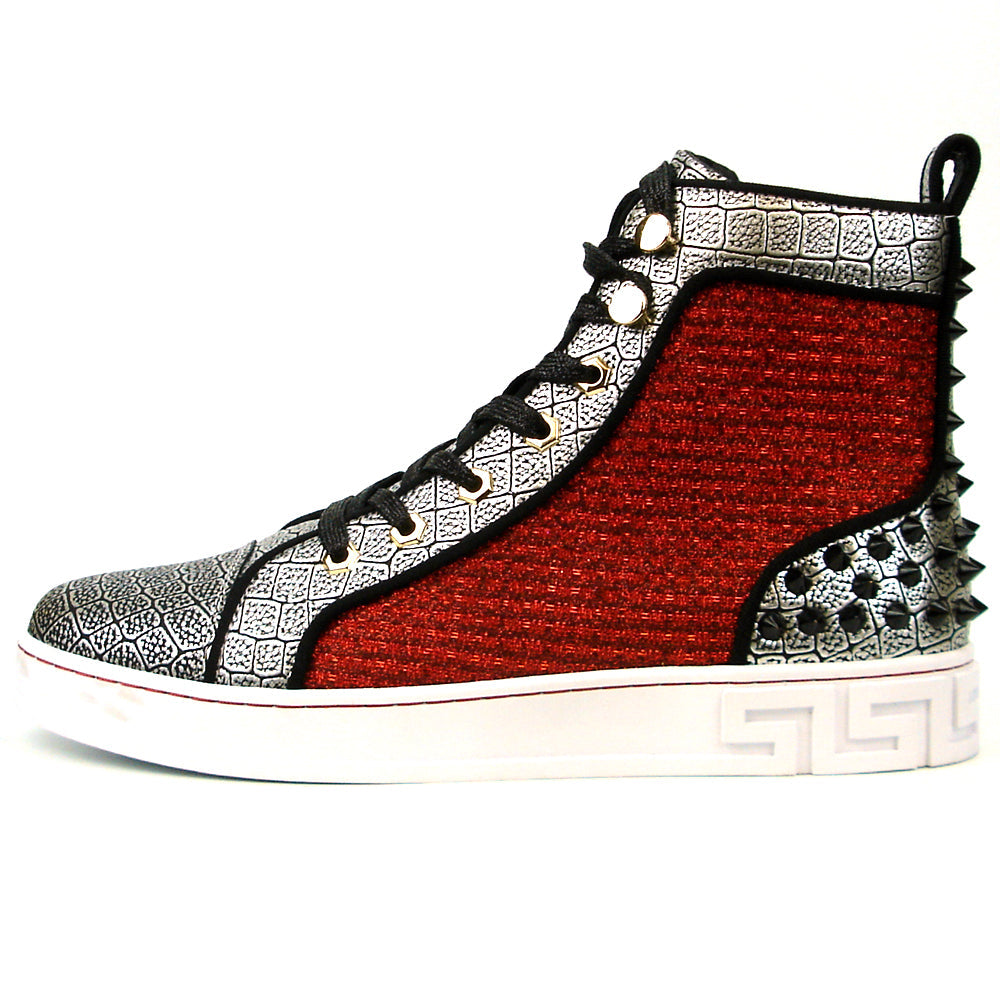 Elevate your style with the Fiesso FI-2362-2 Encore high top sneaker, featuring silver texture, red glitter side panels, black heel spikes, metallic eyelets, and a white sole with geometric accents.