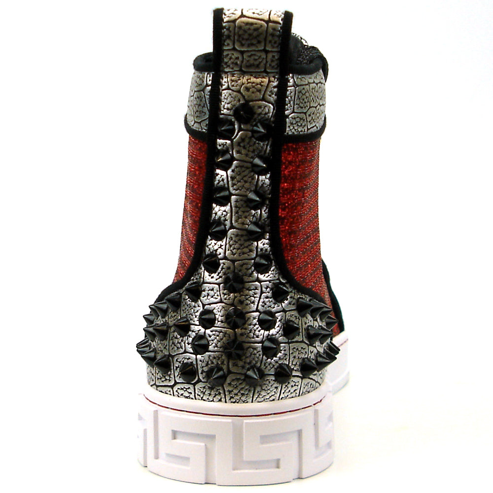 Elevate your style with the Fiesso FI-2362-2 Encore high top sneaker, featuring silver texture, red glitter side panels, black heel spikes, metallic eyelets, and a white sole with geometric accents.