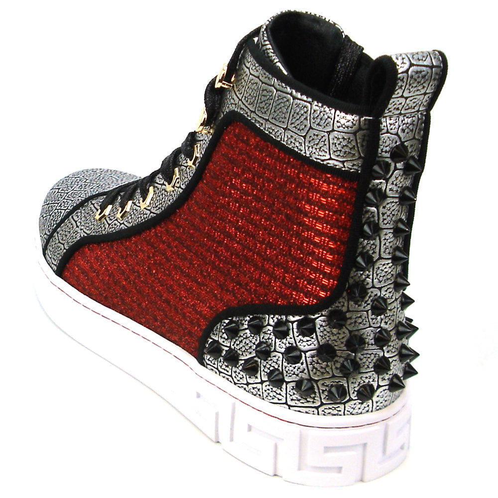 Elevate your style with the Fiesso FI-2362-2 Encore high top sneaker, featuring silver texture, red glitter side panels, black heel spikes, metallic eyelets, and a white sole with geometric accents.