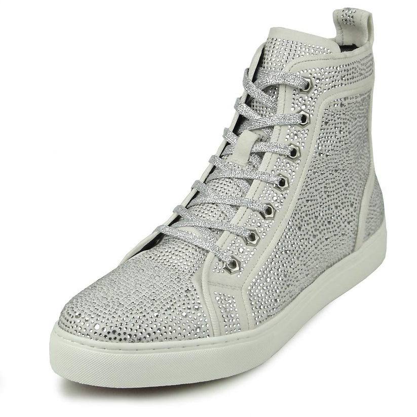 The FI-2387 White Suede Clear Rhinestones High Top Sneaker by Fiesso is a light gray suede sneaker with sparkling rhinestones and matching laces—ideal for those seeking standout, stylish high-tops.