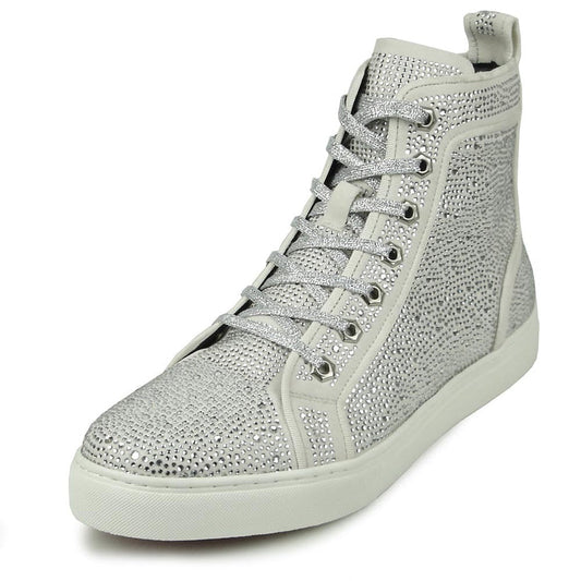 The FI-2387 White Suede Clear Rhinestones High Top Sneaker by Fiesso is a light gray suede sneaker with sparkling rhinestones and matching laces—ideal for those seeking standout, stylish high-tops.