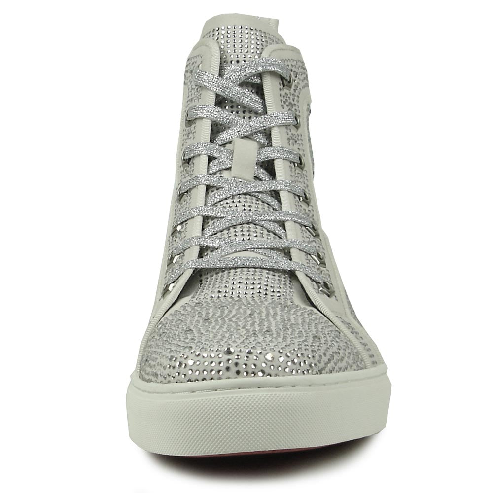 The FI-2387 White Suede Clear Rhinestones High Top Sneaker by Fiesso is a light gray suede sneaker with sparkling rhinestones and matching laces—ideal for those seeking standout, stylish high-tops.