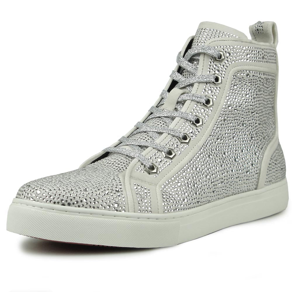The FI-2387 White Suede Clear Rhinestones High Top Sneaker by Fiesso is a light gray suede sneaker with sparkling rhinestones and matching laces—ideal for those seeking standout, stylish high-tops.
