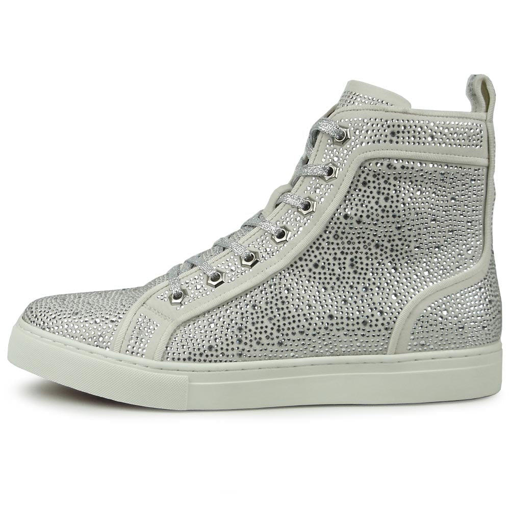 The FI-2387 White Suede Clear Rhinestones High Top Sneaker by Fiesso is a light gray suede sneaker with sparkling rhinestones and matching laces—ideal for those seeking standout, stylish high-tops.