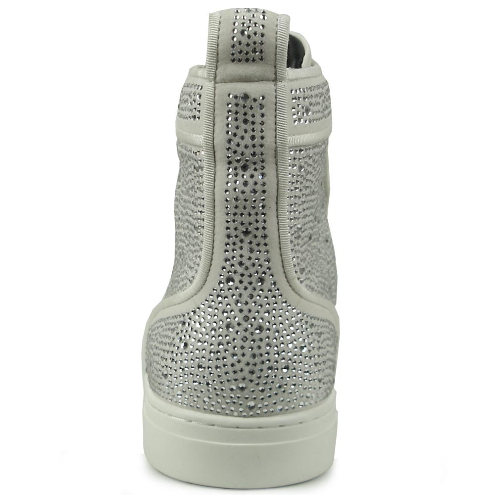 The FI-2387 White Suede Clear Rhinestones High Top Sneaker by Fiesso is a light gray suede sneaker with sparkling rhinestones and matching laces—ideal for those seeking standout, stylish high-tops.