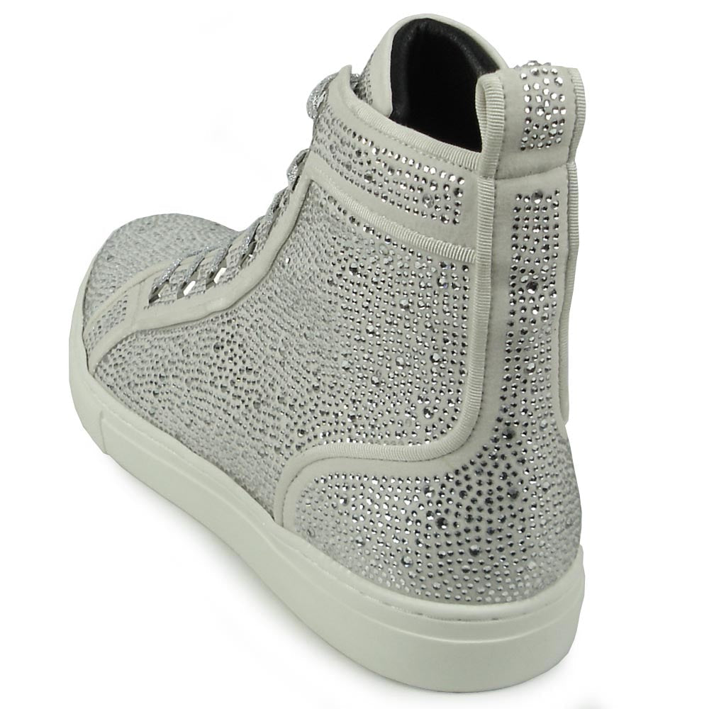 The FI-2387 White Suede Clear Rhinestones High Top Sneaker by Fiesso is a light gray suede sneaker with sparkling rhinestones and matching laces—ideal for those seeking standout, stylish high-tops.