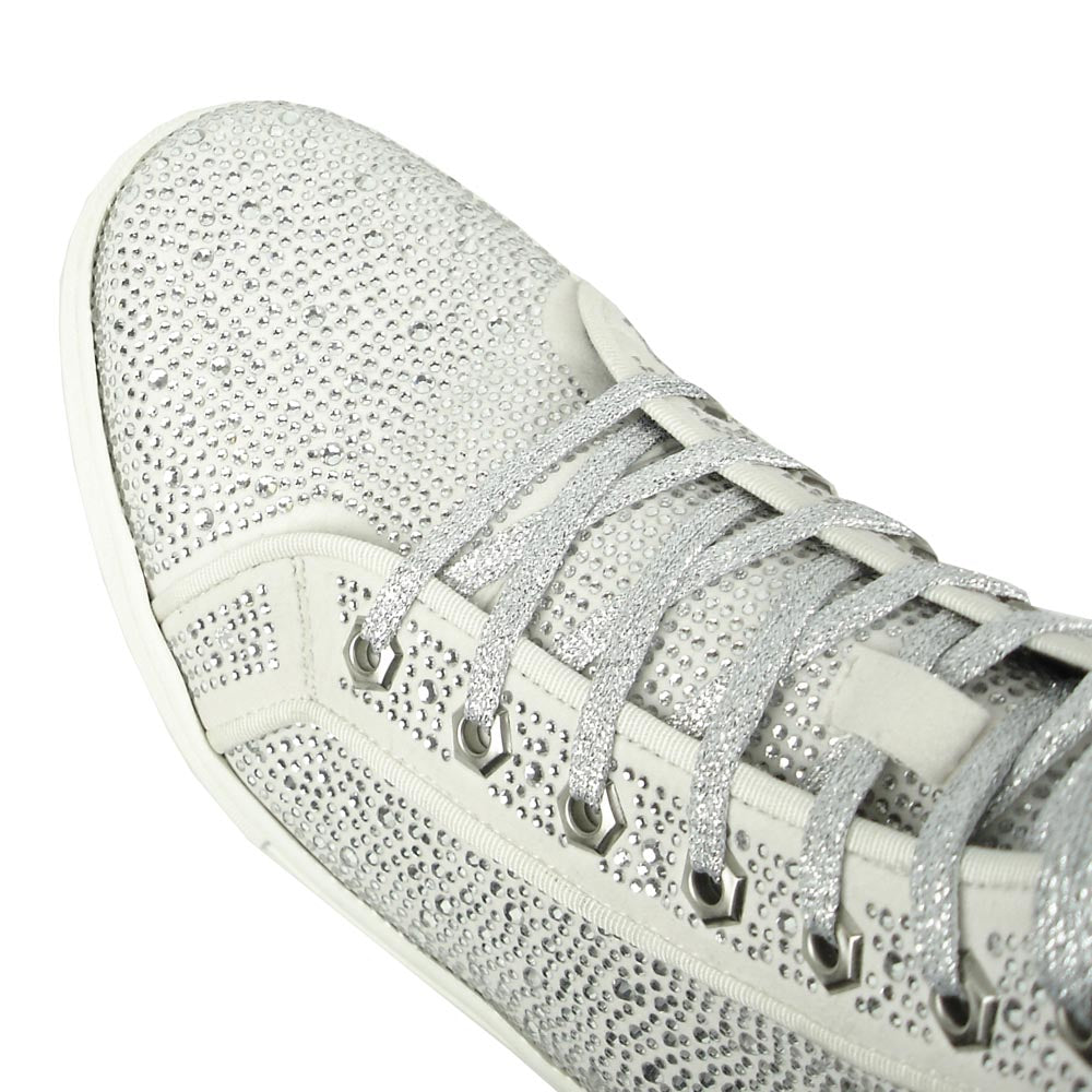 The FI-2387 White Suede Clear Rhinestones High Top Sneaker by Fiesso is a light gray suede sneaker with sparkling rhinestones and matching laces—ideal for those seeking standout, stylish high-tops.