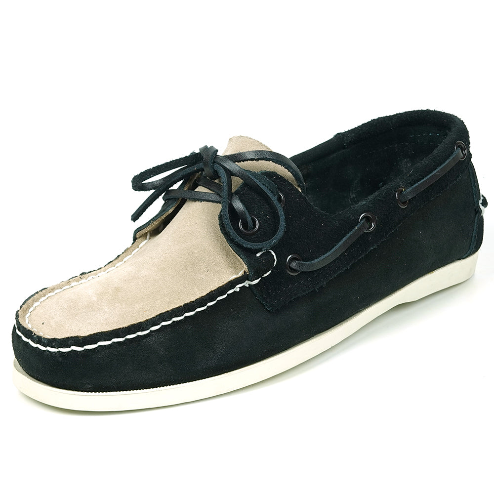 The FI-6512-S Black Beige by Fiesso is a premium genuine suede boat shoe featuring a two-tone design, black laces, white stitching, and a white sole—bringing handcrafted elegance to men's footwear.