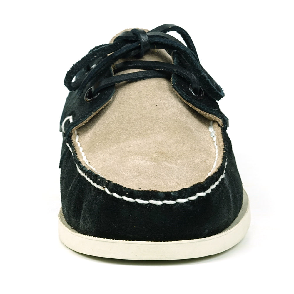 The FI-6512-S Black Beige by Fiesso is a premium genuine suede boat shoe featuring a two-tone design, black laces, white stitching, and a white sole—bringing handcrafted elegance to men's footwear.