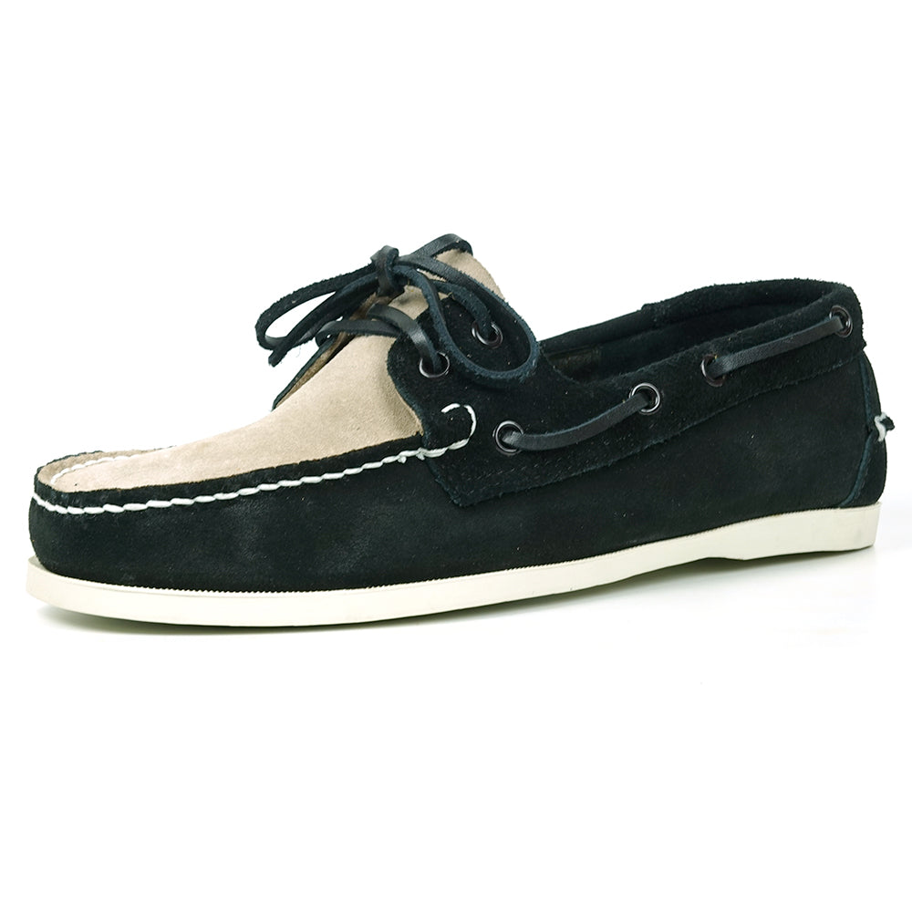 The FI-6512-S Black Beige by Fiesso is a premium genuine suede boat shoe featuring a two-tone design, black laces, white stitching, and a white sole—bringing handcrafted elegance to men's footwear.