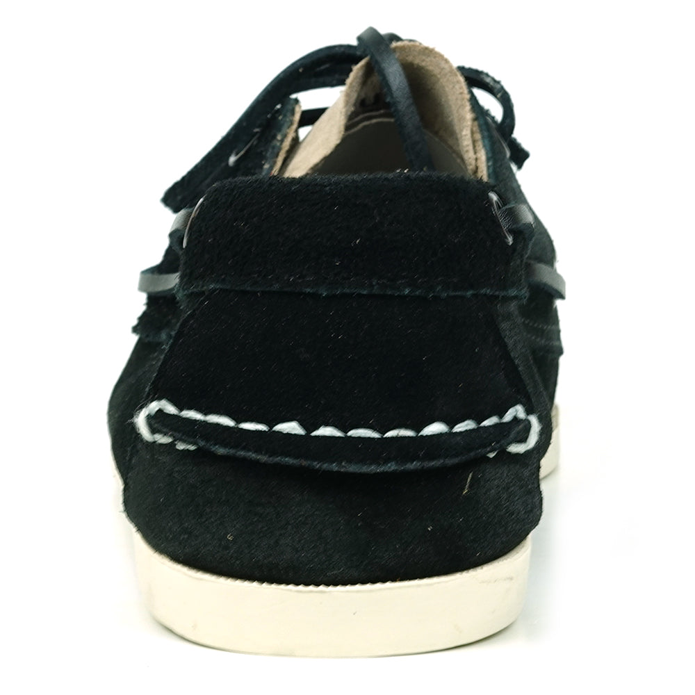 The FI-6512-S Black Beige by Fiesso is a premium genuine suede boat shoe featuring a two-tone design, black laces, white stitching, and a white sole—bringing handcrafted elegance to men's footwear.