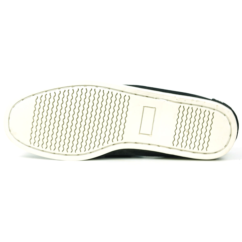 The FI-6512-S Black Beige by Fiesso is a premium genuine suede boat shoe featuring a two-tone design, black laces, white stitching, and a white sole—bringing handcrafted elegance to men's footwear.