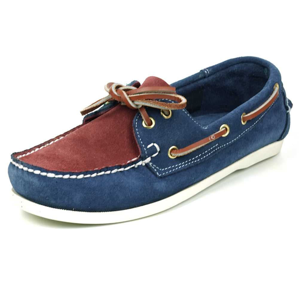 The FI-6512-S Navy Burgundy suede lace-up boat shoes by Fiesso feature white stitching, brown leather laces, and a white rubber sole—perfect for elevating men’s style with classic Fiesso flair.