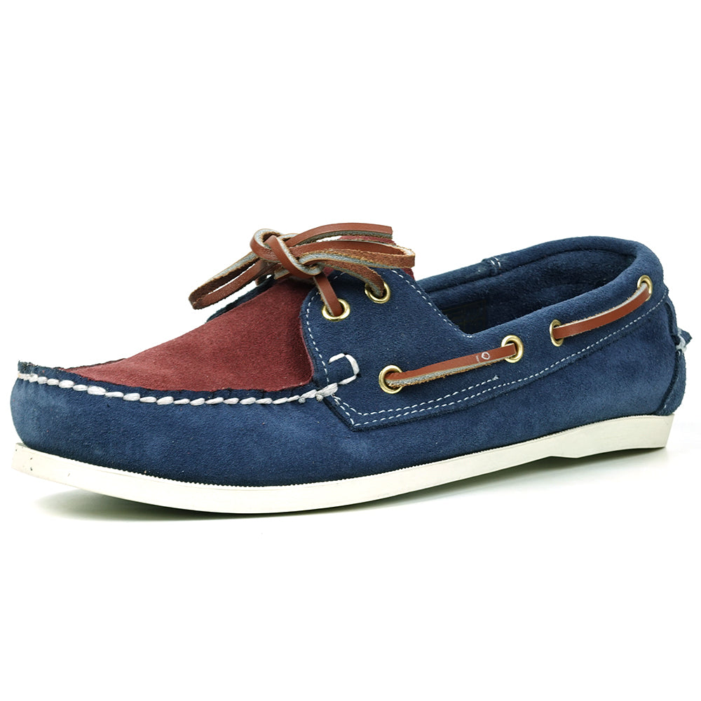 The FI-6512-S Navy Burgundy suede lace-up boat shoes by Fiesso feature white stitching, brown leather laces, and a white rubber sole—perfect for elevating men’s style with classic Fiesso flair.