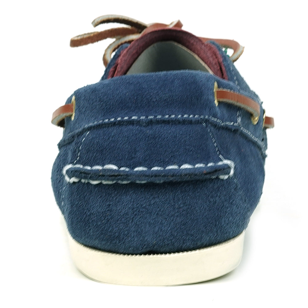 The FI-6512-S Navy Burgundy suede lace-up boat shoes by Fiesso feature white stitching, brown leather laces, and a white rubber sole—perfect for elevating men’s style with classic Fiesso flair.