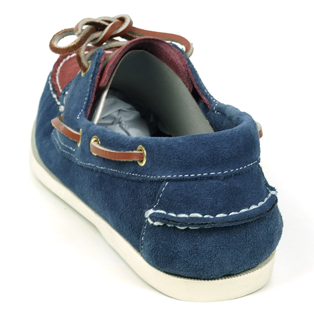The FI-6512-S Navy Burgundy suede lace-up boat shoes by Fiesso feature white stitching, brown leather laces, and a white rubber sole—perfect for elevating men’s style with classic Fiesso flair.