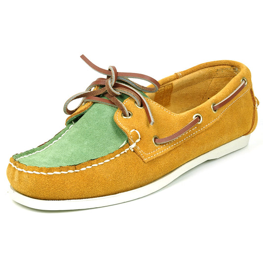 The FI-6512-S Yellow Lime Premium Genuine Suede Lace up Boat Shoe by Fiesso features a vibrant yellow lime front, tan sides, brown leather laces, white stitching, and a white rubber sole—perfect for upgrading men’s style.
