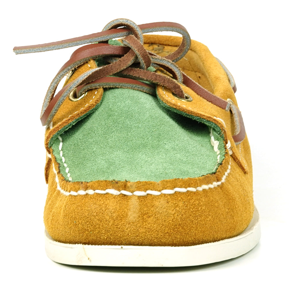 The FI-6512-S Yellow Lime Premium Genuine Suede Lace up Boat Shoe by Fiesso features a vibrant yellow lime front, tan sides, brown leather laces, white stitching, and a white rubber sole—perfect for upgrading men’s style.