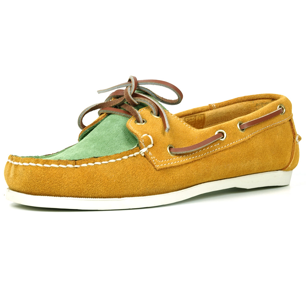The FI-6512-S Yellow Lime Premium Genuine Suede Lace up Boat Shoe by Fiesso features a vibrant yellow lime front, tan sides, brown leather laces, white stitching, and a white rubber sole—perfect for upgrading men’s style.