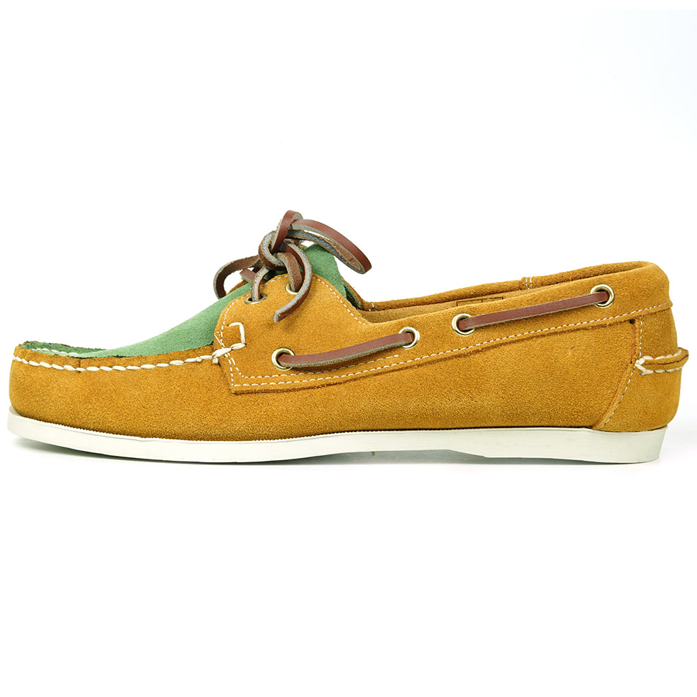 The FI-6512-S Yellow Lime Premium Genuine Suede Lace up Boat Shoe by Fiesso features a vibrant yellow lime front, tan sides, brown leather laces, white stitching, and a white rubber sole—perfect for upgrading men’s style.