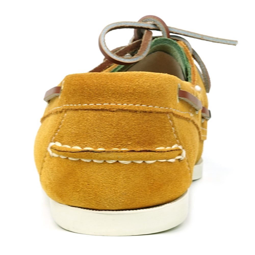 The FI-6512-S Yellow Lime Premium Genuine Suede Lace up Boat Shoe by Fiesso features a vibrant yellow lime front, tan sides, brown leather laces, white stitching, and a white rubber sole—perfect for upgrading men’s style.