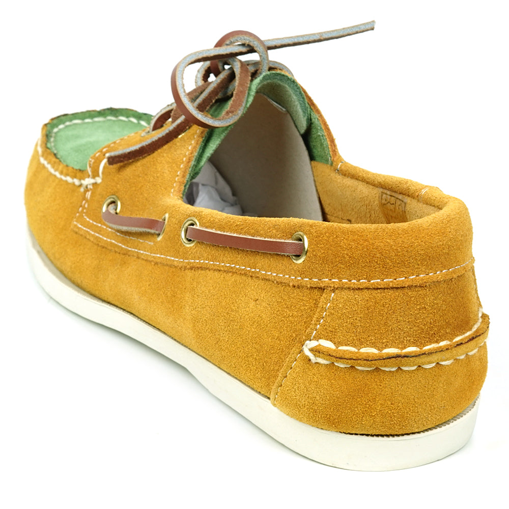 The FI-6512-S Yellow Lime Premium Genuine Suede Lace up Boat Shoe by Fiesso features a vibrant yellow lime front, tan sides, brown leather laces, white stitching, and a white rubber sole—perfect for upgrading men’s style.