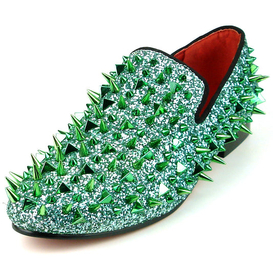 The FI-7239 Green Glitter Green Spikes Slip on Loafer by Fiesso features dazzling green glitter, metallic spikes, handcrafted leather details, a bold red lining, and a black sole—a standout piece for men's fashion.