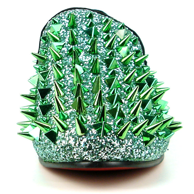 The FI-7239 Green Glitter Green Spikes Slip on Loafer by Fiesso features dazzling green glitter, metallic spikes, handcrafted leather details, a bold red lining, and a black sole—a standout piece for men's fashion.