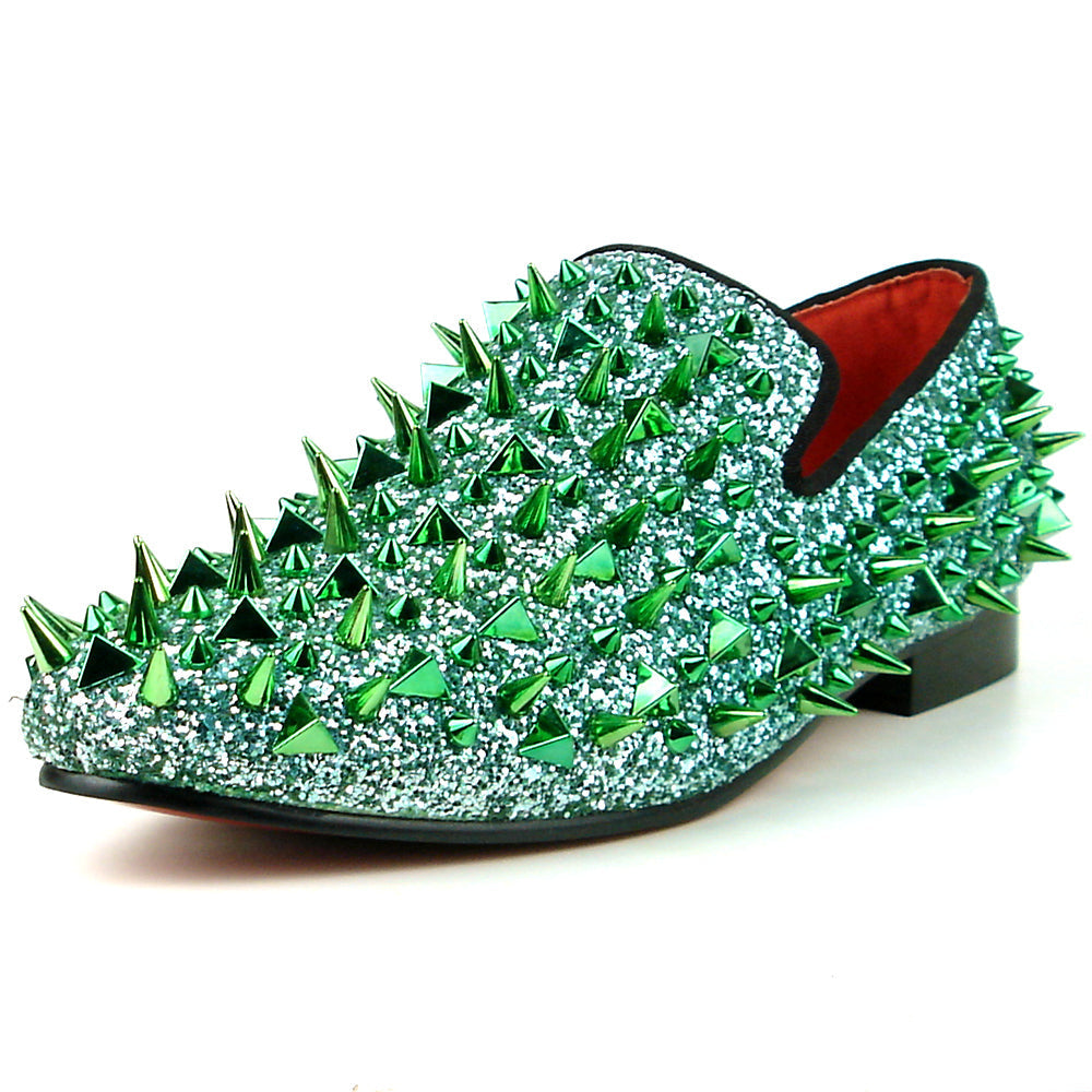 The FI-7239 Green Glitter Green Spikes Slip on Loafer by Fiesso features dazzling green glitter, metallic spikes, handcrafted leather details, a bold red lining, and a black sole—a standout piece for men's fashion.