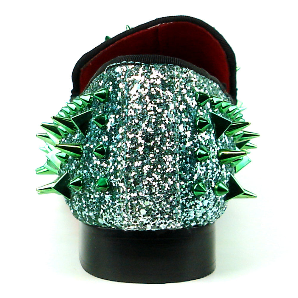 The FI-7239 Green Glitter Green Spikes Slip on Loafer by Fiesso features dazzling green glitter, metallic spikes, handcrafted leather details, a bold red lining, and a black sole—a standout piece for men's fashion.