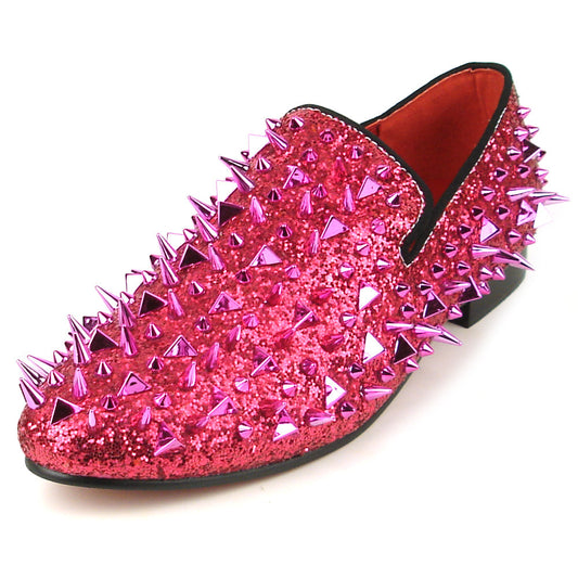 The FI-7239 Rose Glitter Rose Spikes Slip on Loafer by Fiesso features hand-crafted pink glittery leather, striking pointed metallic spikes, and a black sole—a bold, standout choice in men’s fashion.