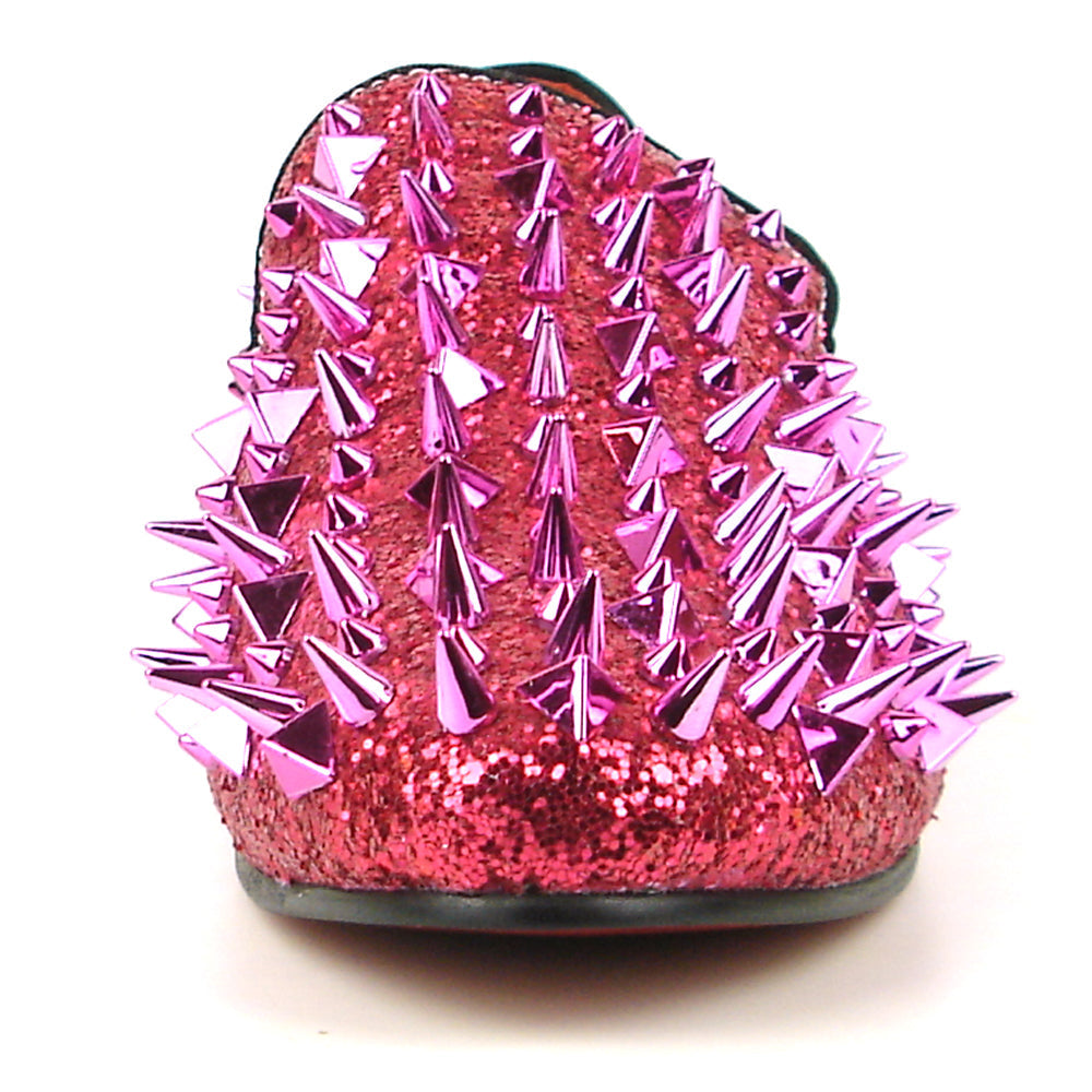 The FI-7239 Rose Glitter Rose Spikes Slip on Loafer by Fiesso features hand-crafted pink glittery leather, striking pointed metallic spikes, and a black sole—a bold, standout choice in men’s fashion.