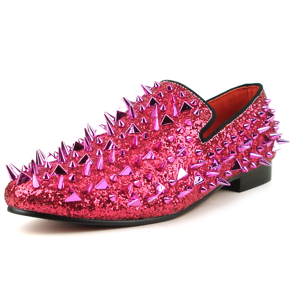 The FI-7239 Rose Glitter Rose Spikes Slip on Loafer by Fiesso features hand-crafted pink glittery leather, striking pointed metallic spikes, and a black sole—a bold, standout choice in men’s fashion.