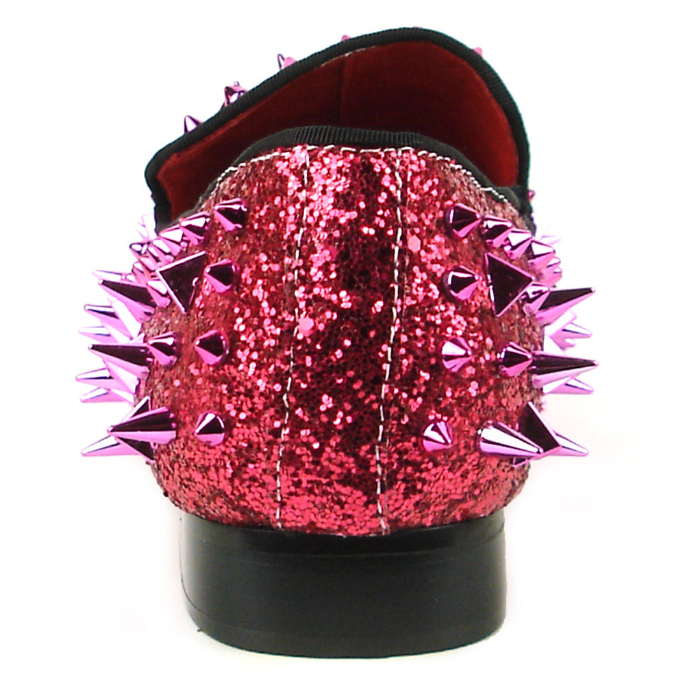 The FI-7239 Rose Glitter Rose Spikes Slip on Loafer by Fiesso features hand-crafted pink glittery leather, striking pointed metallic spikes, and a black sole—a bold, standout choice in men’s fashion.