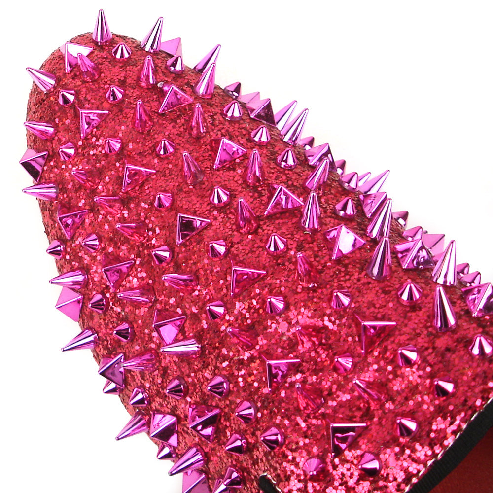 The FI-7239 Rose Glitter Rose Spikes Slip on Loafer by Fiesso features hand-crafted pink glittery leather, striking pointed metallic spikes, and a black sole—a bold, standout choice in men’s fashion.