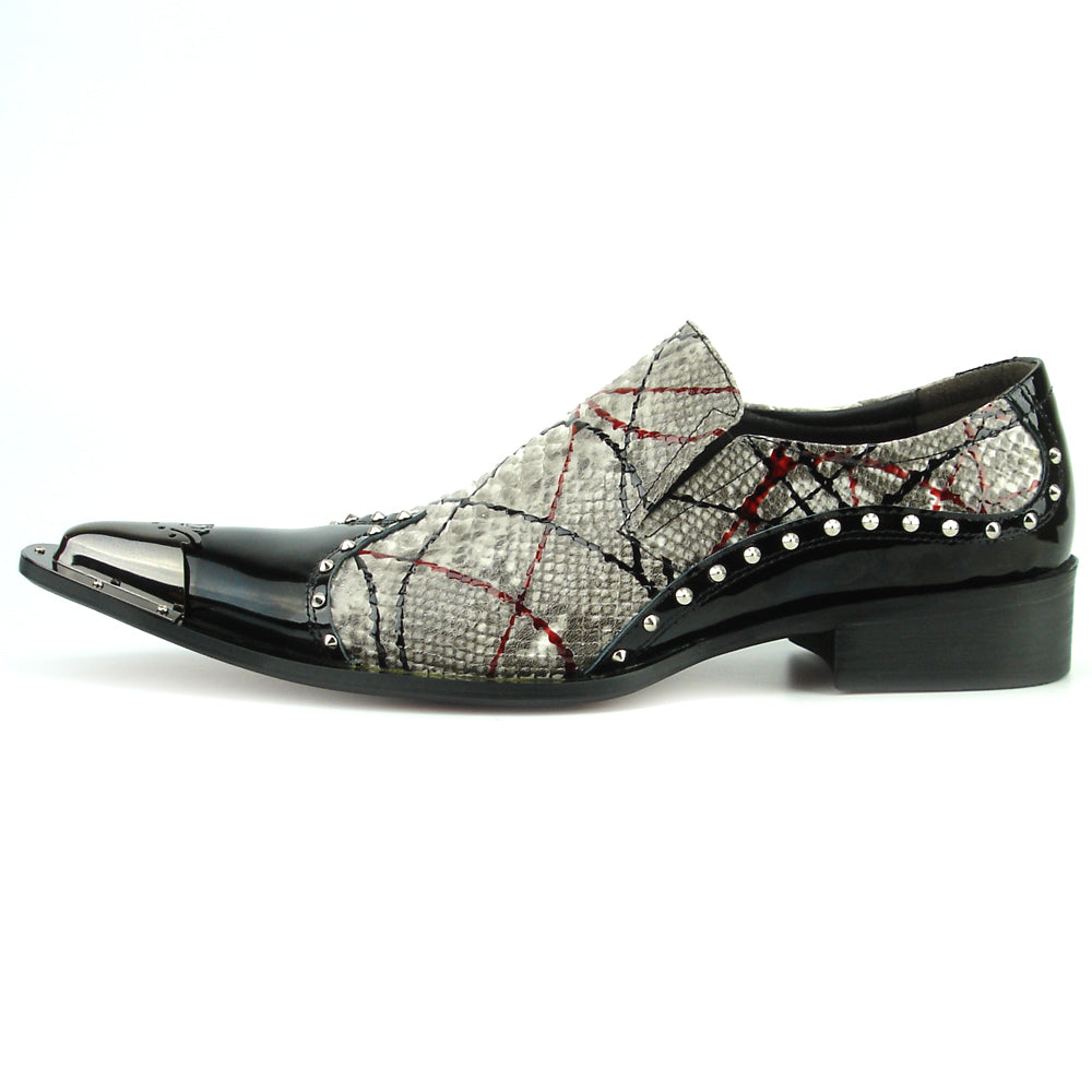 The FI-7370 Multi Black Leather Slip-on by Fiesso features a snakeskin pattern, black patent accents, metal toe cap, and studded edges—boldly redefining men's fashion shoes with standout elegance.