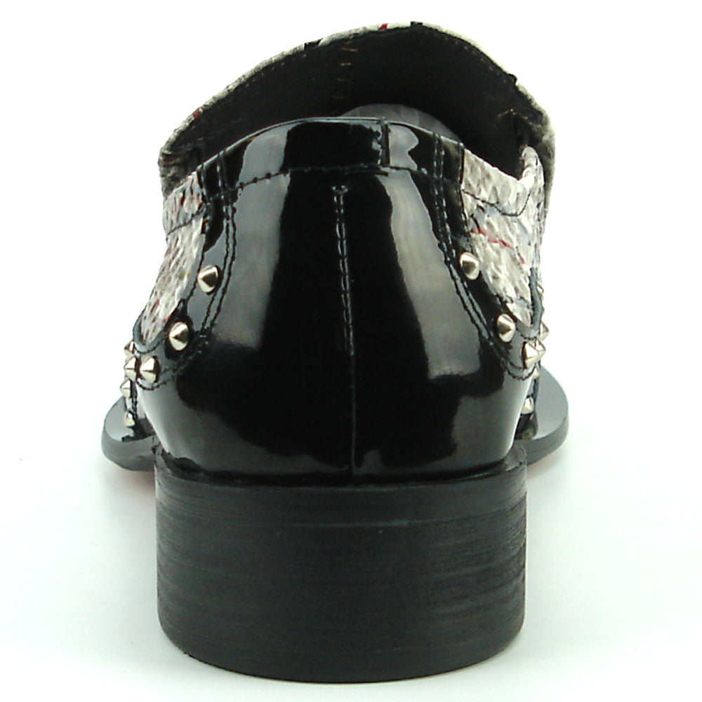 The FI-7370 Multi Black Leather Slip-on by Fiesso features a snakeskin pattern, black patent accents, metal toe cap, and studded edges—boldly redefining men's fashion shoes with standout elegance.