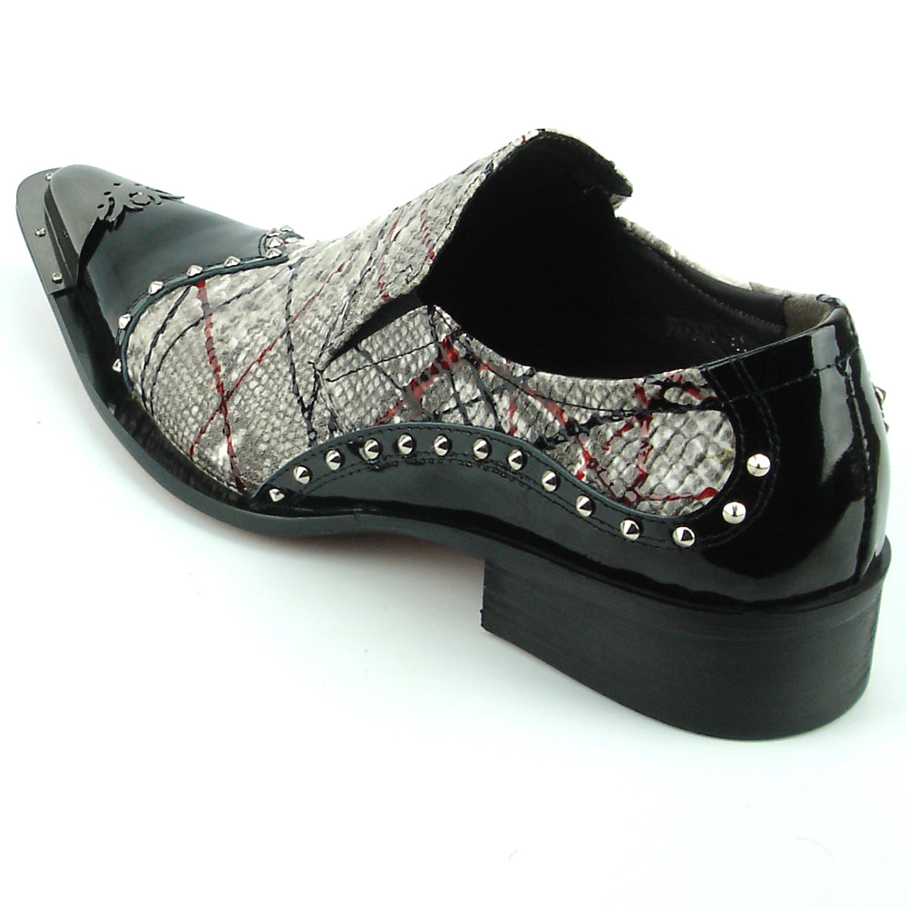 The FI-7370 Multi Black Leather Slip-on by Fiesso features a snakeskin pattern, black patent accents, metal toe cap, and studded edges—boldly redefining men's fashion shoes with standout elegance.