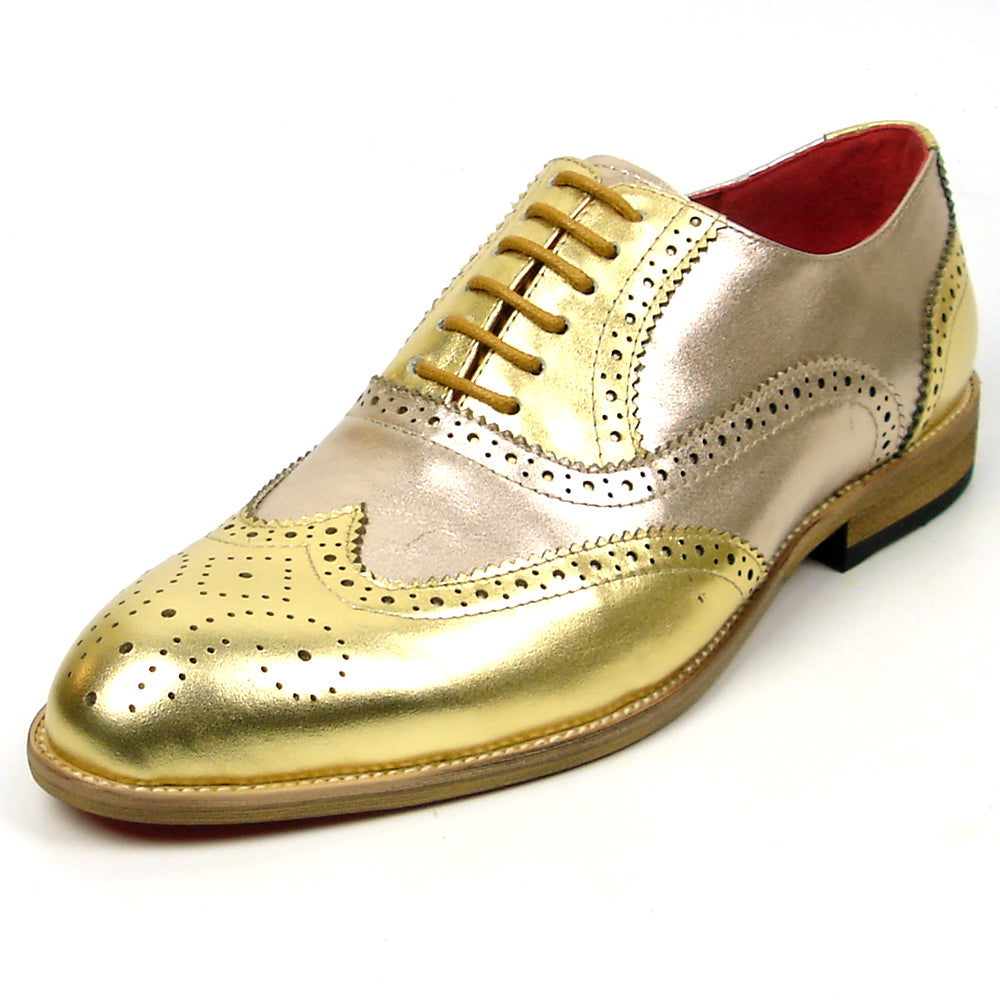 The FI-7400 Gold Leather Wingtip Lace-Up by Fiesso features handcrafted leather, brogue detailing, pinked edges, and tan laces—a standout men's dress shoe shown on a white background for elevated style.