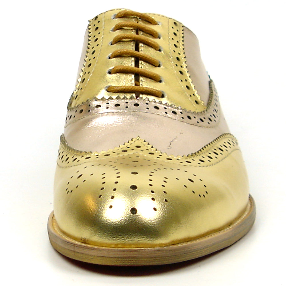 The FI-7400 Gold Leather Wingtip Lace-Up by Fiesso features handcrafted leather, brogue detailing, pinked edges, and tan laces—a standout men's dress shoe shown on a white background for elevated style.